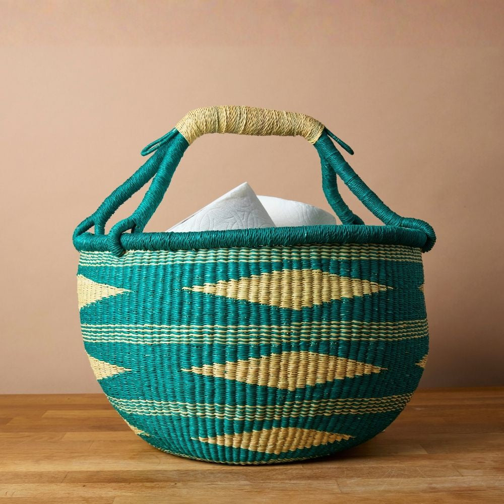 Round African Bolga Basket in Boho Patterns