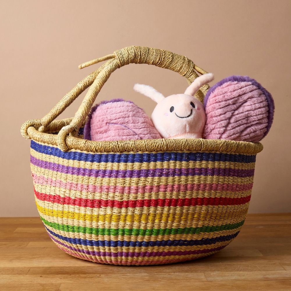 Round Bolga Basket with Handles, Stripes, 16 Inch Wide