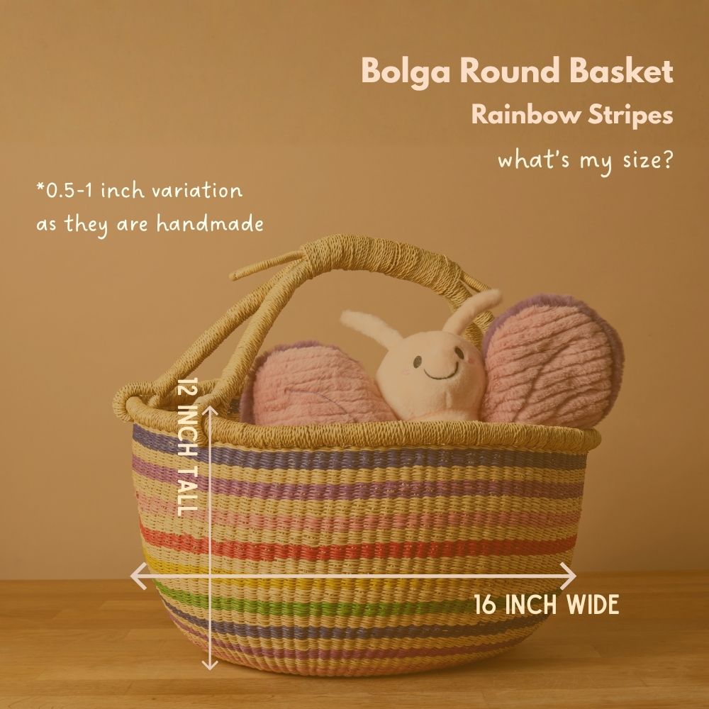 Round Bolga Basket with Handles, Stripes, 16 Inch Wide