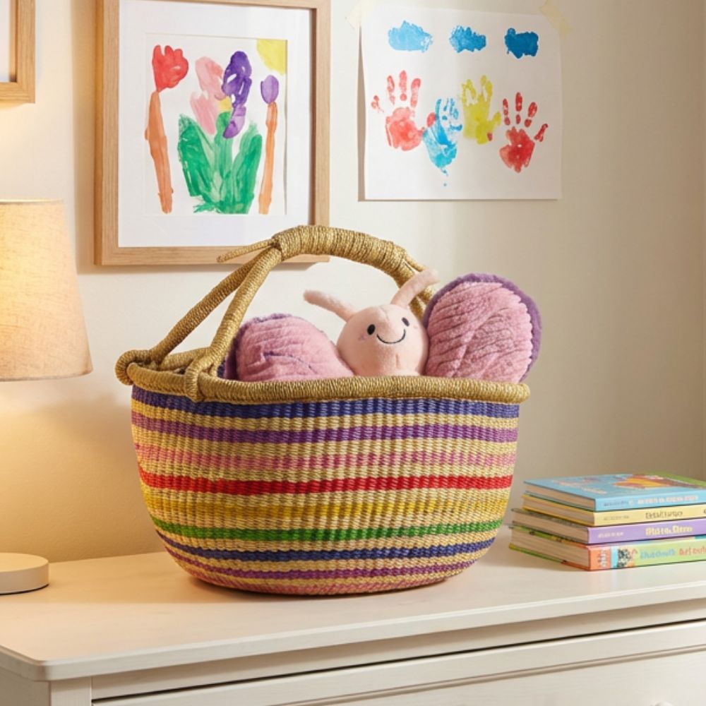 Round Bolga Basket with Handles, Stripes, 16 Inch Wide