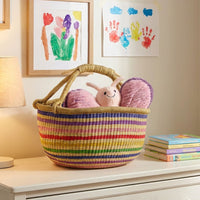 Round Bolga Basket with Handles, Stripes, 16 Inch Wide