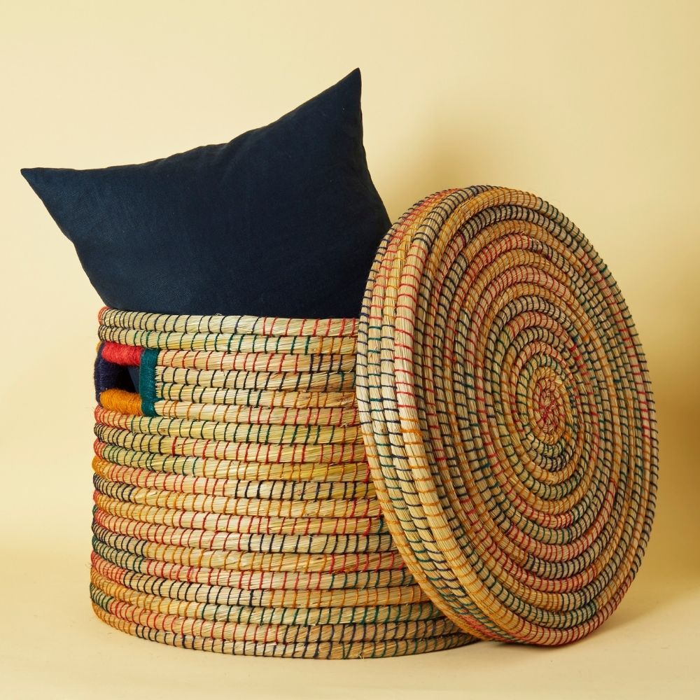 Large Colorful Storage Baskets with Lids, Rainbow Color Jute Wicker