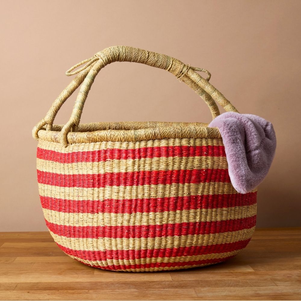 Round Bolga Basket with Handles, Stripes, 16 Inch Wide