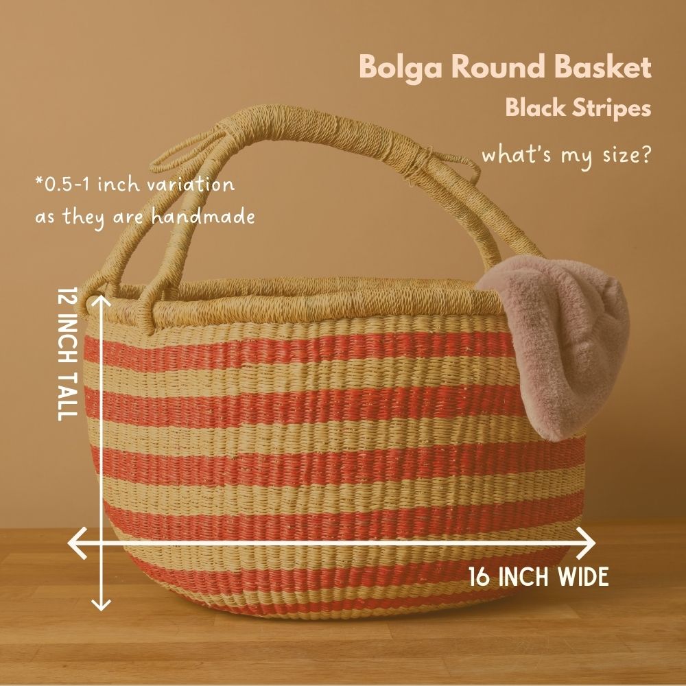 Round Bolga Basket with Handles, Stripes, 16 Inch Wide
