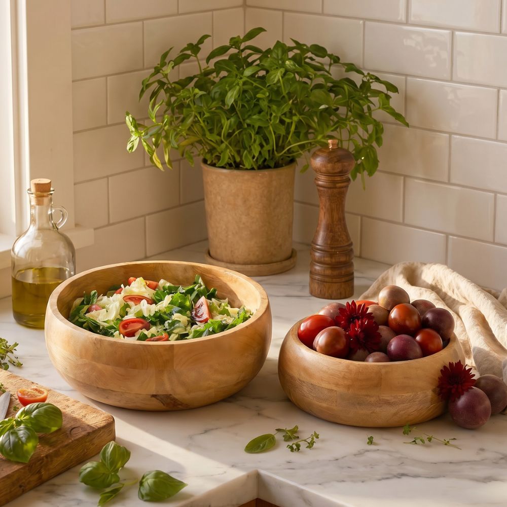Natural Round Wood Salad Bowl Set, 13" Wide