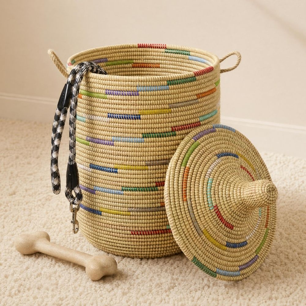 Decorative African Basket with Lid and Handles, 15" Wide, 19" Tall