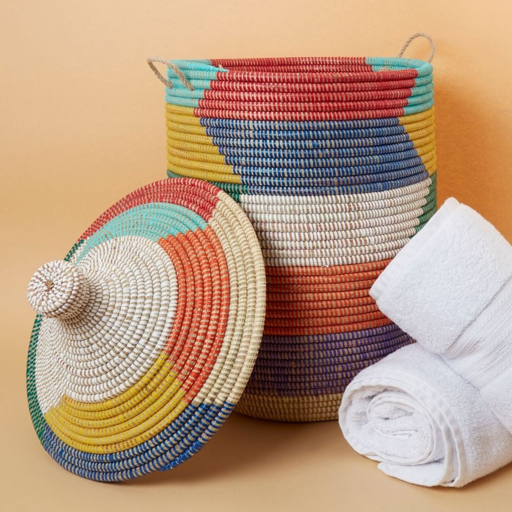 Colorful Wicker Storage Baskets with Hooded Lids