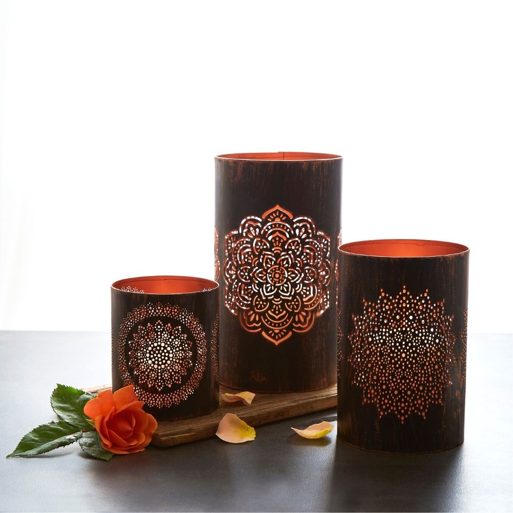 Decorative Candle Holders & Tabletop Centerpiece for Living, Patio, Garden, Dining, Parties, Weddings, Events | Hurricane, Lanterns, Metal, Set of 3 | Pillar Candles, Tealights