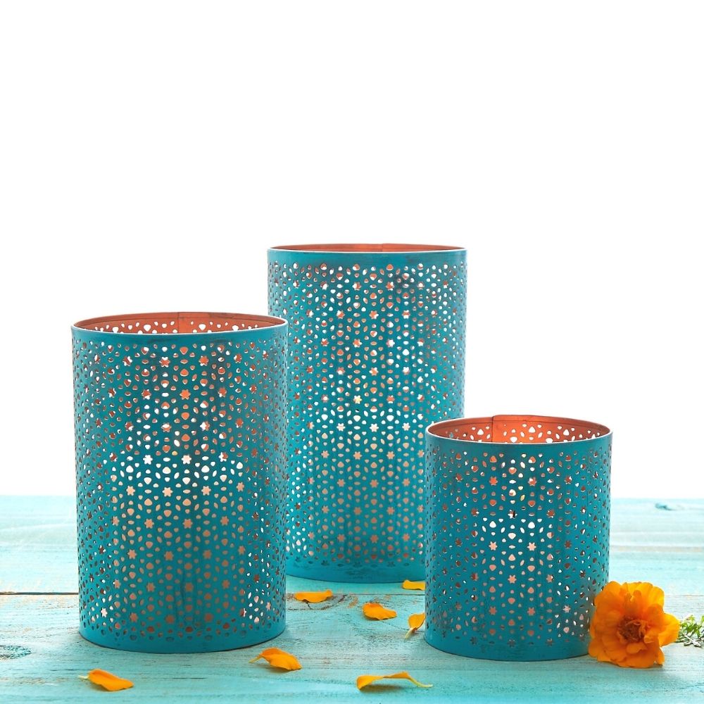 Decorative Candle Holders & Tabletop Centerpiece for Living, Patio, Garden, Dining, Parties, Weddings, Events | Hurricane, Lanterns, Metal, Set of 3 | Pillar Candles, Tealights