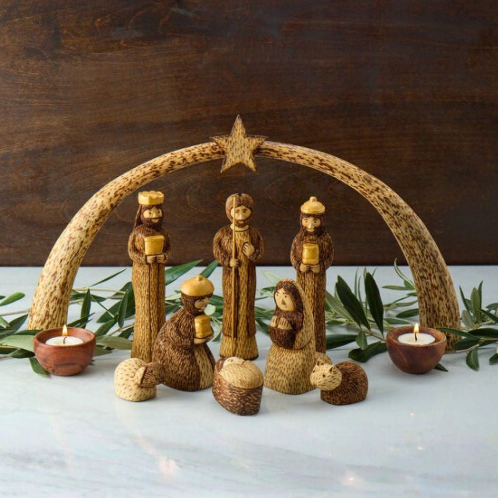 Rustic Wood Nativity Tabletop Scene, Seasonal Home Decor, Collectible Wood Figurines, Christmas, Religious, Catholic Home, Christian, Jesus Manger Scene, Holy Family, Star Arch, Set of 9