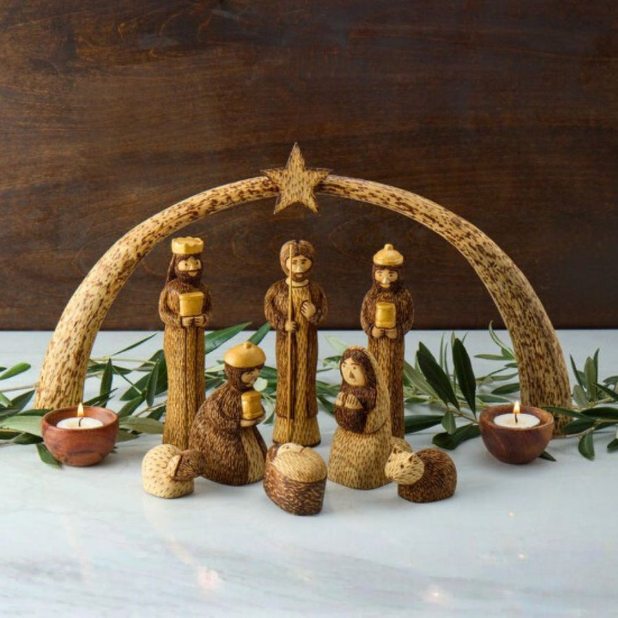 Rustic Wood Nativity Tabletop Scene, Seasonal Home Decor, Collectible Wood Figurines, Christmas, Religious, Catholic Home, Christian, Jesus Manger Scene, Holy Family, Star Arch, Set of 9