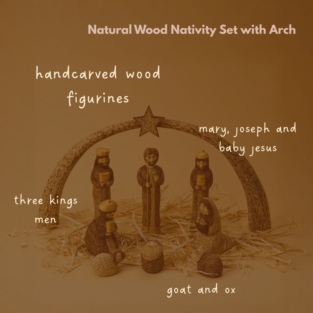 Rustic Wood Nativity Tabletop Scene, Seasonal Home Decor, Collectible Wood Figurines, Christmas, Religious, Catholic Home, Christian, Jesus Manger Scene, Holy Family, Star Arch, Set of 9