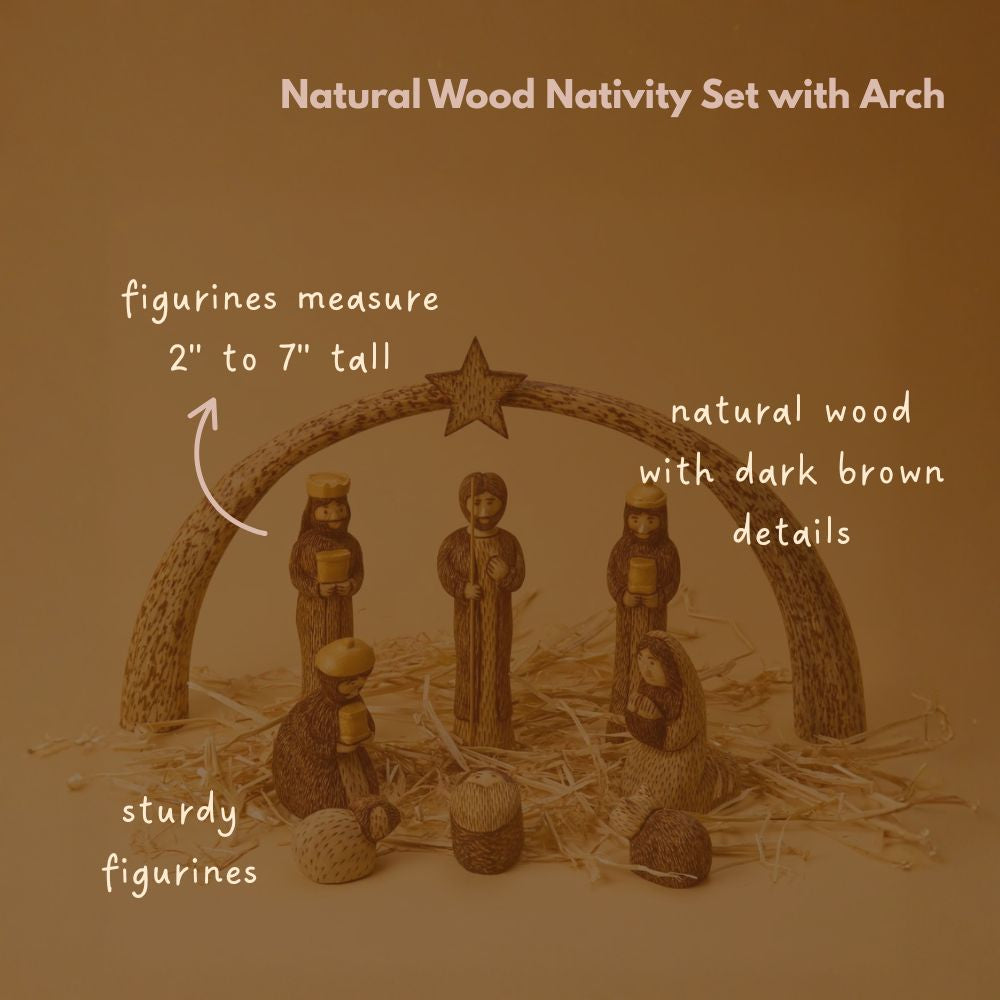 Rustic Wood Nativity Tabletop Scene, Seasonal Home Decor, Collectible Wood Figurines, Christmas, Religious, Catholic Home, Christian, Jesus Manger Scene, Holy Family, Star Arch, Set of 9