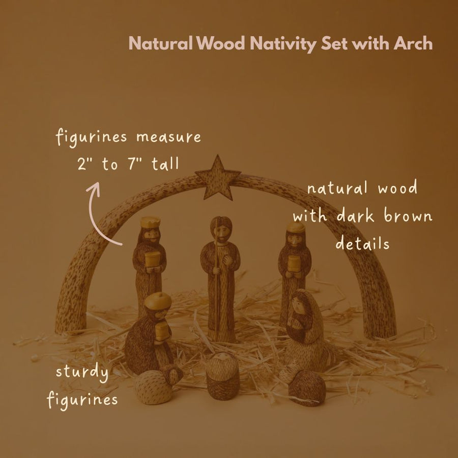 Rustic Wood Nativity Tabletop Scene, Seasonal Home Decor, Collectible Wood Figurines, Christmas, Religious, Catholic Home, Christian, Jesus Manger Scene, Holy Family, Star Arch, Set of 9