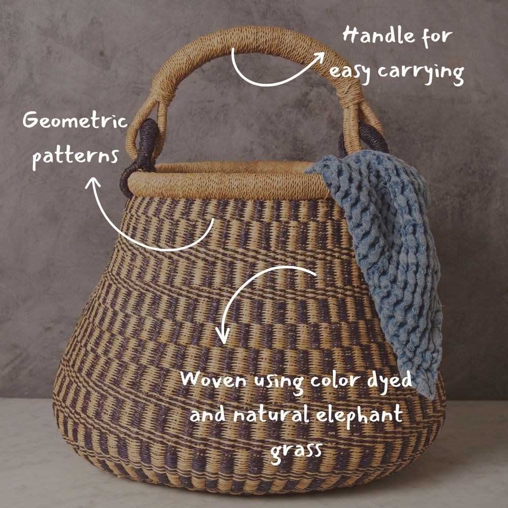 Boho Pot Shape Picnic Basket, Home & Kitchen Decor, Wicker Basket, Living Room Basket, Harvesting, Foraging, Gathering, Fruit Storage, Woven, 16" Wide