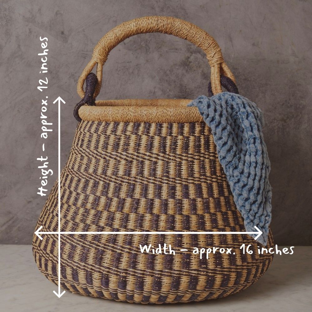 Boho Pot Shape Picnic Basket, Home & Kitchen Decor, Wicker Basket, Living Room Basket, Harvesting, Foraging, Gathering, Fruit Storage, Woven, 16" Wide