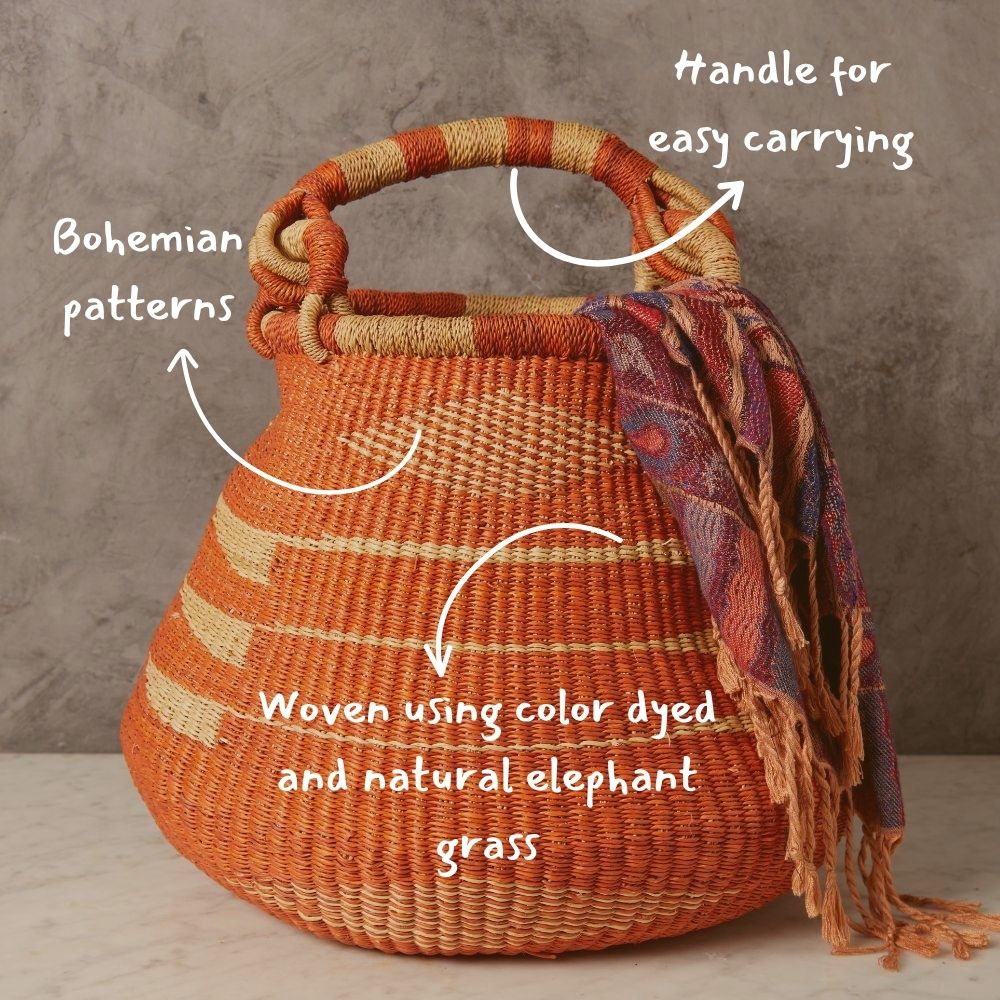 Boho Pot Shape Picnic Basket, Home & Kitchen Decor, Wicker Basket, Living Room Basket, Harvesting, Foraging, Gathering, Fruit Storage, Woven, 16" Wide