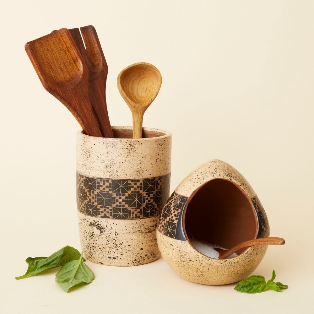 Cream Black Checker Terracotta Salt Cellar