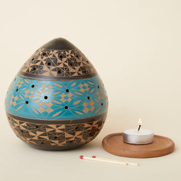 Turquoise Black Mixed Pattern Terracotta Tealight Incense Holder