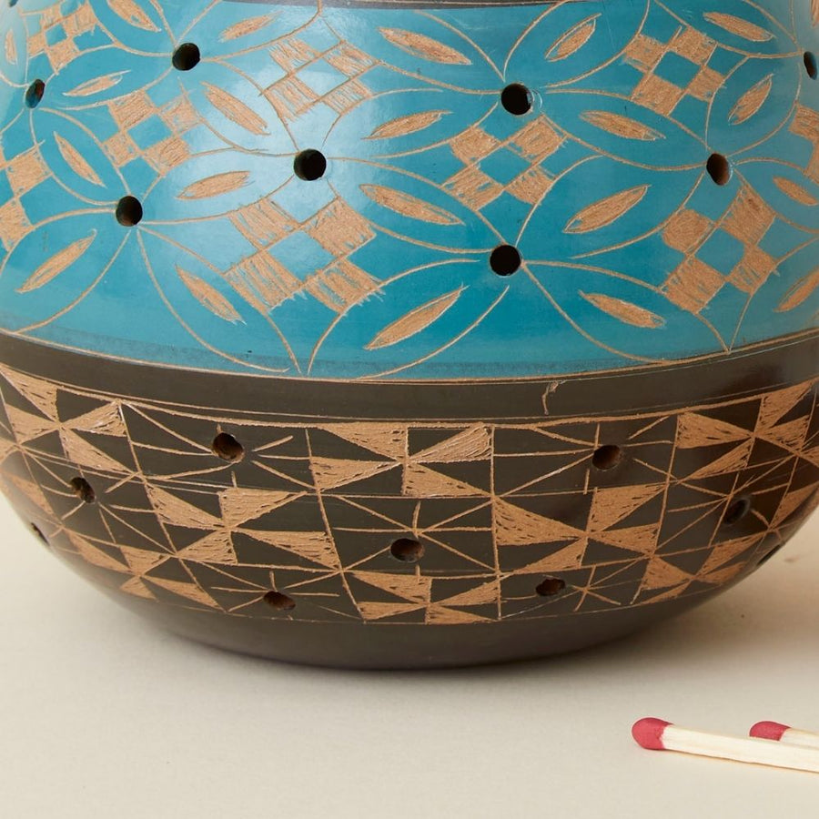 Turquoise Black Mixed Pattern Terracotta Tealight Incense Holder