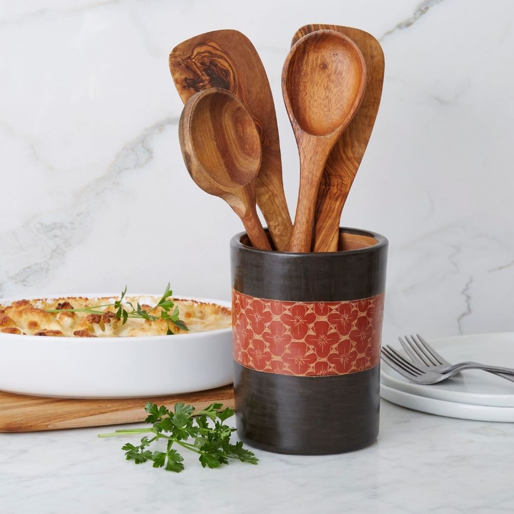Black Rust Flower Terracotta Utensil Holder Salt Cellar Set