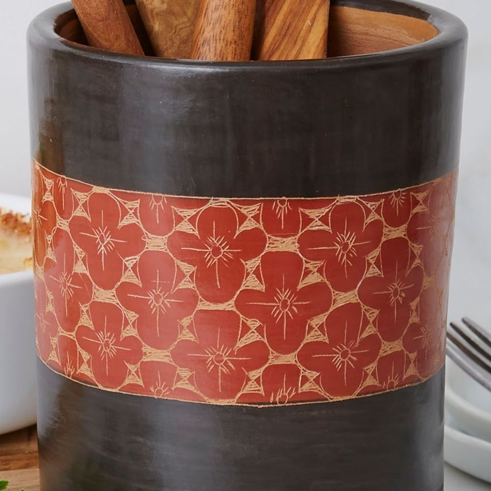 Black Rust Flower Terracotta Utensil Holder Salt Cellar Set
