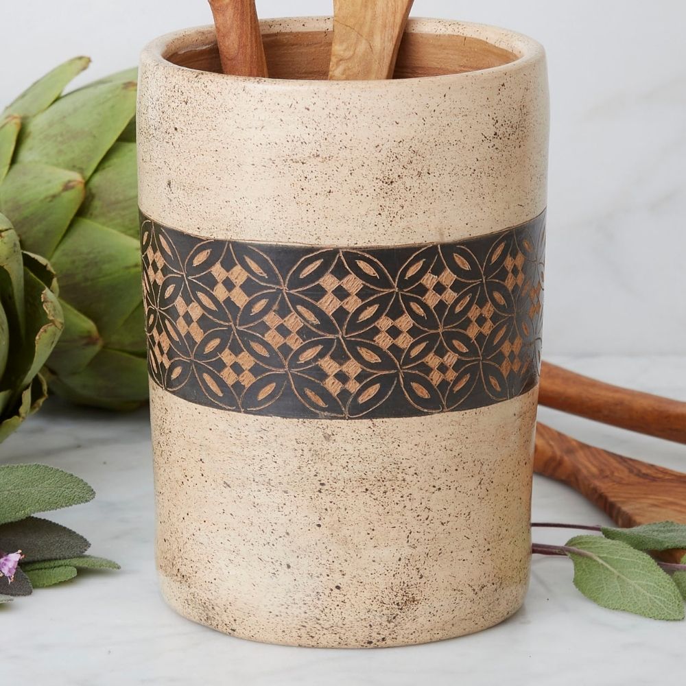 Cream Black Petal Terracotta Utensil Holder