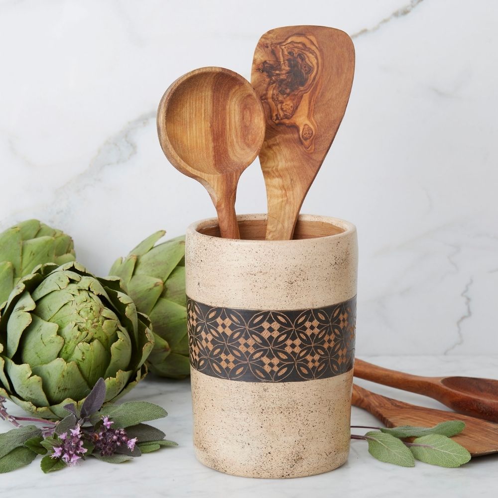 Cream Black Petal Terracotta Utensil Holder Salt Cellar Set