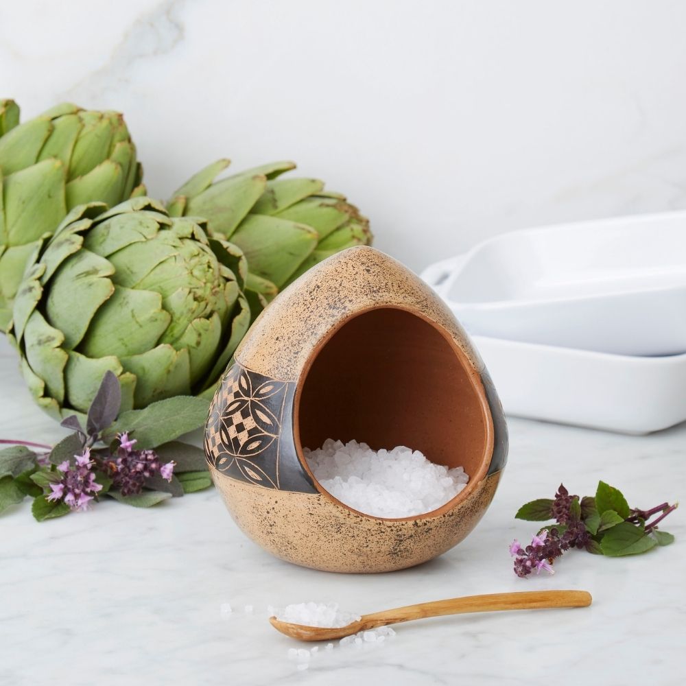 Cream Black Petal Terracotta Utensil Holder Salt Cellar Set