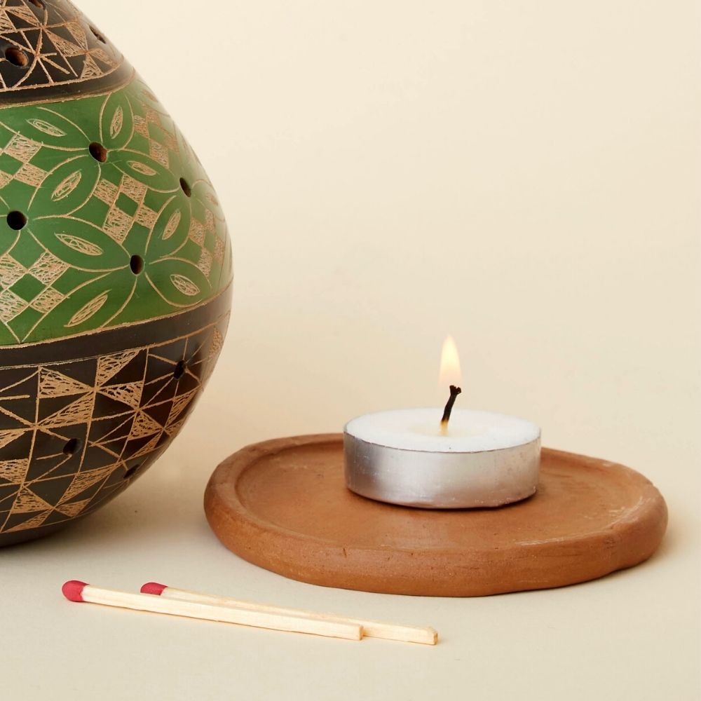 Green Black Mixed Pattern Terracotta Tealight Incense Holder