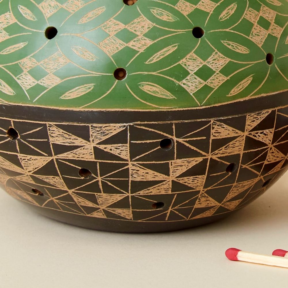 Green Black Mixed Pattern Terracotta Tealight Incense Holder