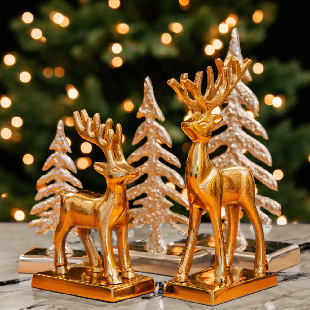 Set of Holiday Gold Reindeers Silver Trees