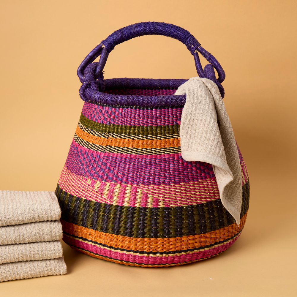 Bolga Pot Basket, Large, 16" Wide, Handle, Harvest, Gardening, Picnic, Foraging, Farmers Market, Fruit Picking, Decorative, Hand Woven, Boho Patterns, Africa, Made in Ghana