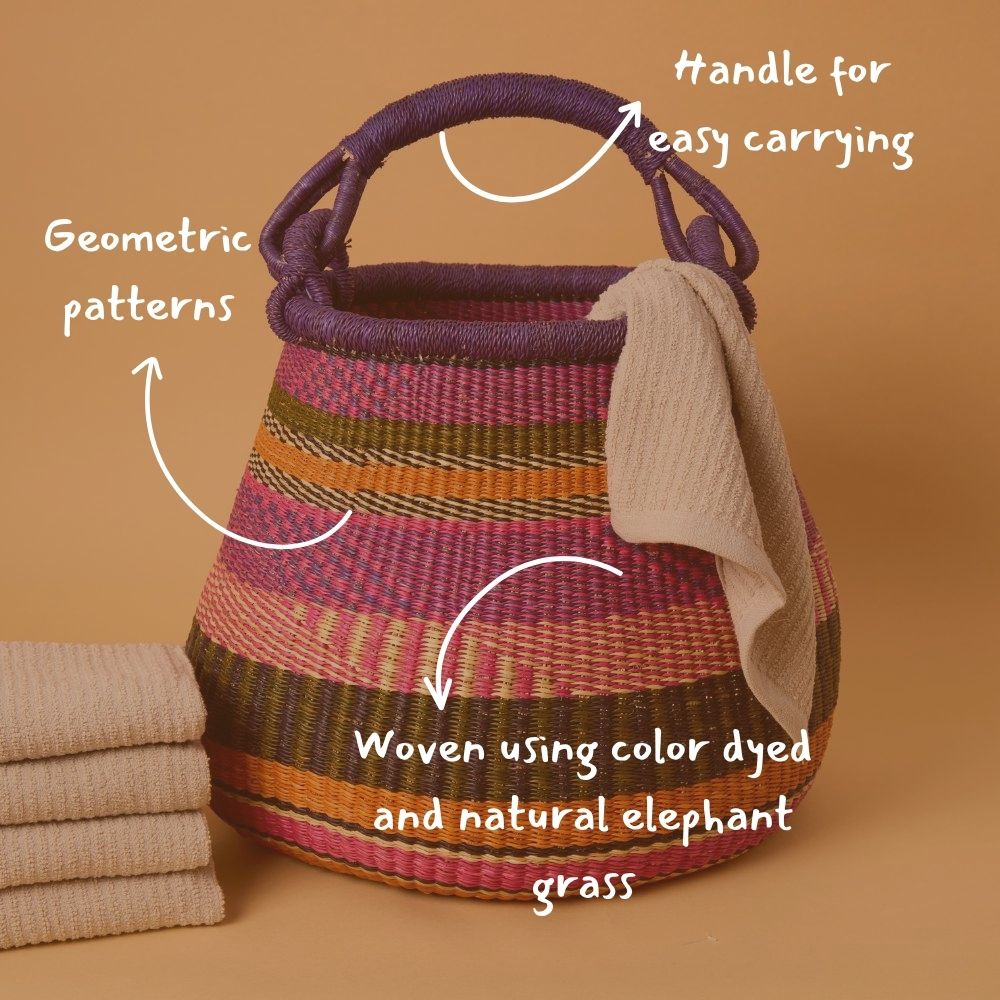 Boho Pot Shape Picnic Basket, Home & Kitchen Decor, Wicker Basket, Living Room Basket, Harvesting, Foraging, Gathering, Fruit Storage, Woven, 16" Wide