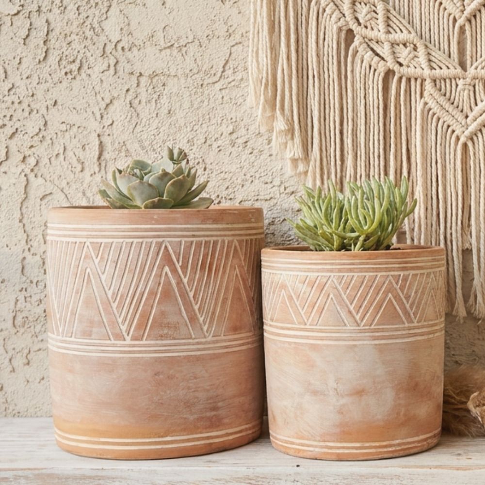 Indoor Outdoor Terracotta Cylinder Pots, Rangoli Patterns