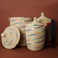 Small / Medium Storage Basket Beige Colorful Swirls Hooded Lid