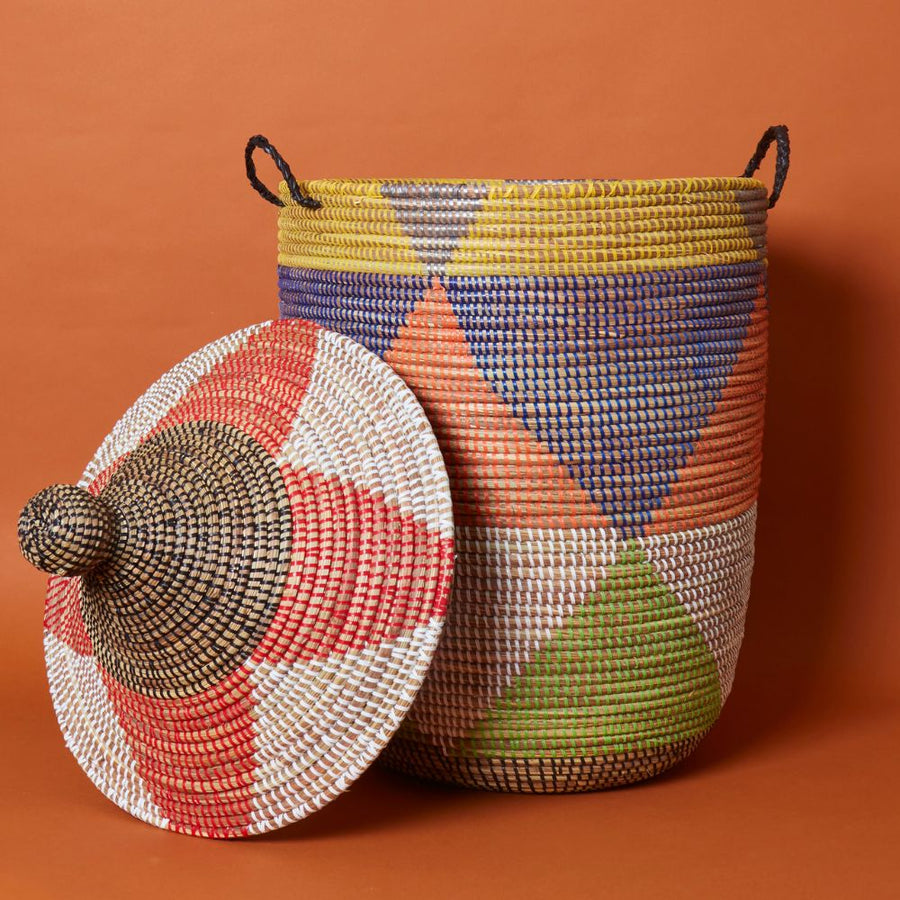 Decorative Wicker Basket with Lid & Handles, Laundry Hamper, Blanket Storage, Toy Bin, African Woven, Hood Lid, Colorful Triangles, Medium Size