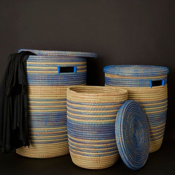 24" Large Storage Basket Set Blue Stripe Flat Lid