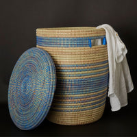 24" Large Storage Basket Set Blue Stripe Flat Lid