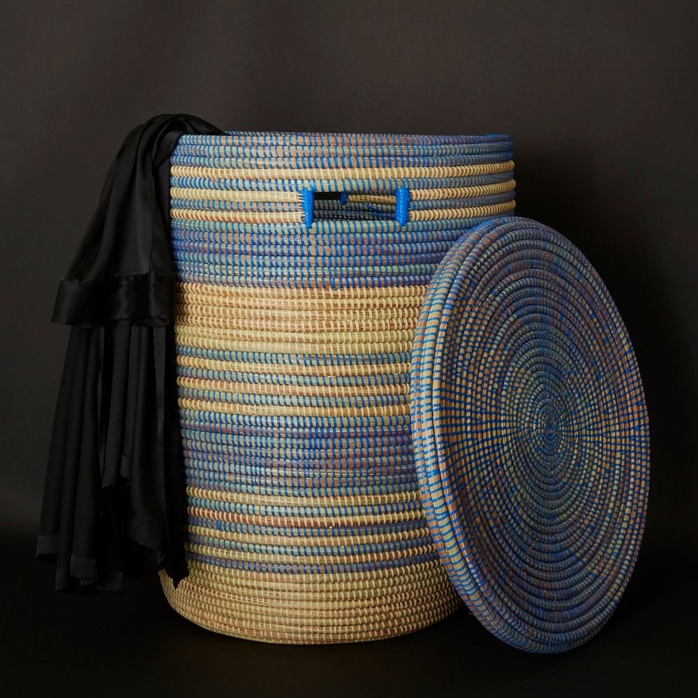 24" Large Storage Basket Blue Stripe Flat Lid