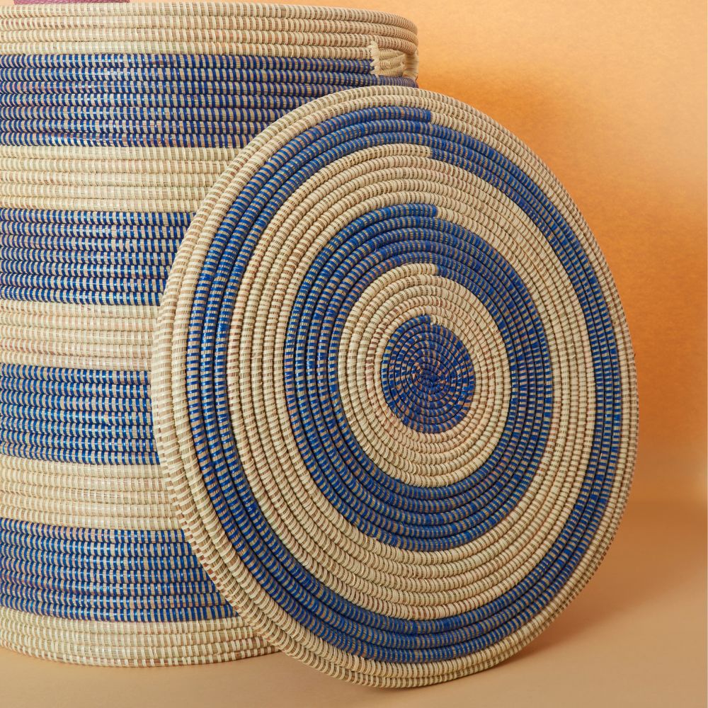 Extra Large Storage Basket Blue Stripe Flat Lid