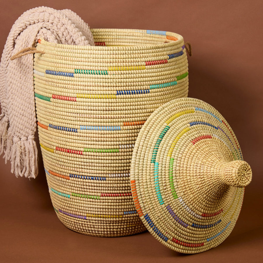 Decorative Wicker Basket with Lid & Handles, Laundry Hamper, Blanket Storage, Toy Bin, African Woven, Hood Lid, Beige Colorful, Large Size