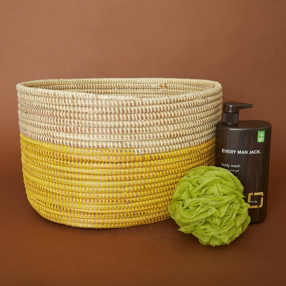 Decorative Wicker Bin, Shelf Basket, Throw Basket, Toy Storage, African Woven, Yellow, Large Size