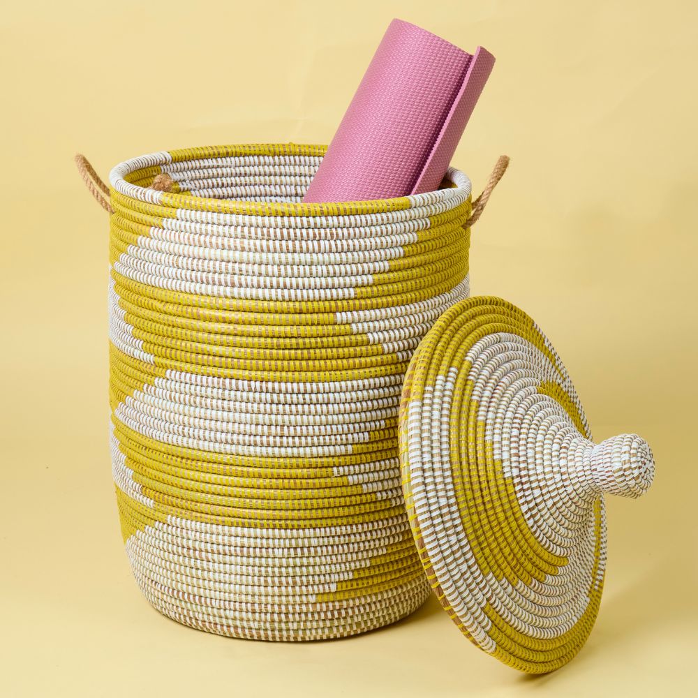 Decorative Wicker Basket with Lid & Handles, Laundry Hamper, Blanket Storage, Toy Bin, African Woven, Hood Lid, Yellow White, Medium Size