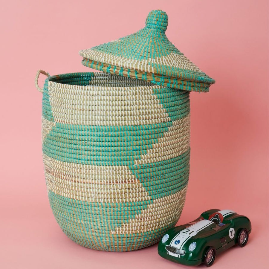 Small Storage Basket Turquoise Blue Hooded Lid