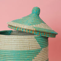 16" Small Storage Basket Turquoise Blue Hooded Lid