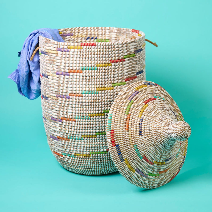 Decorative Wicker Basket with Lid & Handles, Laundry Hamper, Blanket Storage, Toy Bin, African Woven, Hood Lid, White Colorful, Large Size