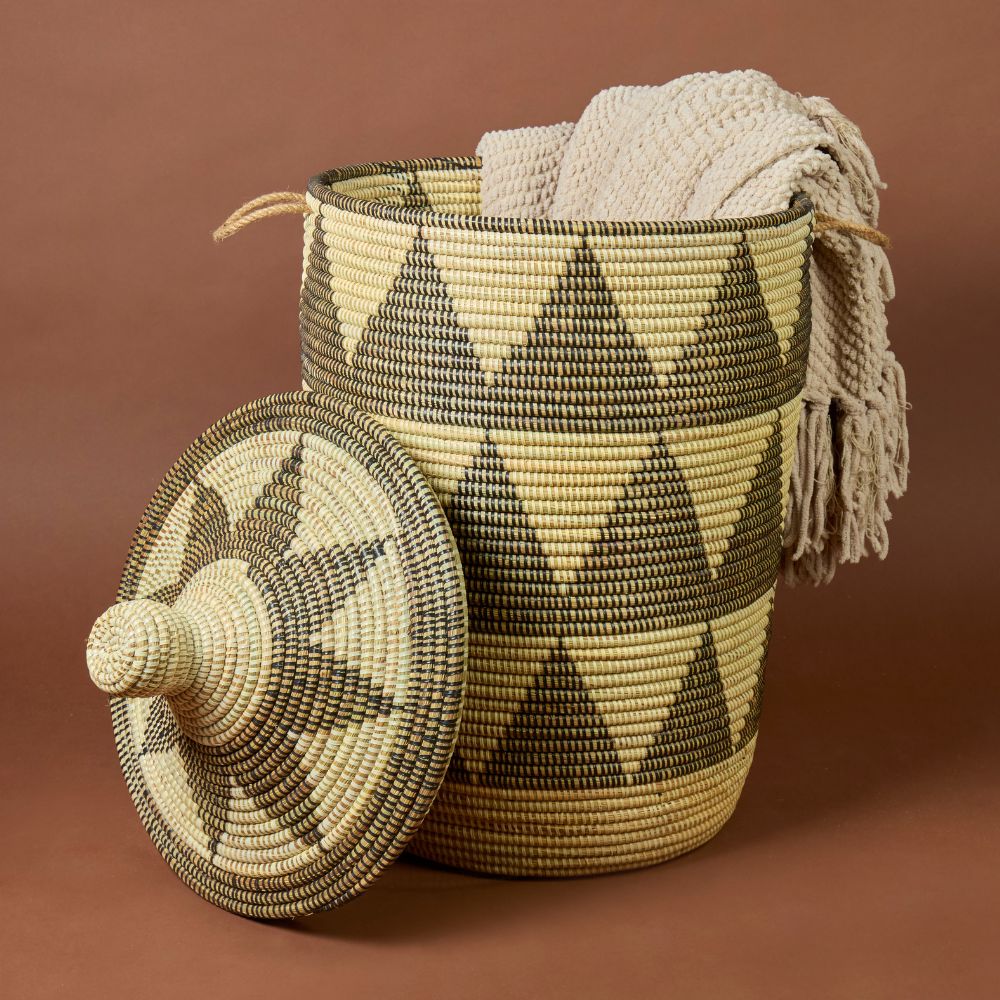 Decorative Wicker Basket with Lid & Handles, Laundry Hamper, Blanket Storage, Toy Bin, African Woven, Hood Lid, Beige Black Triangles, Large Size