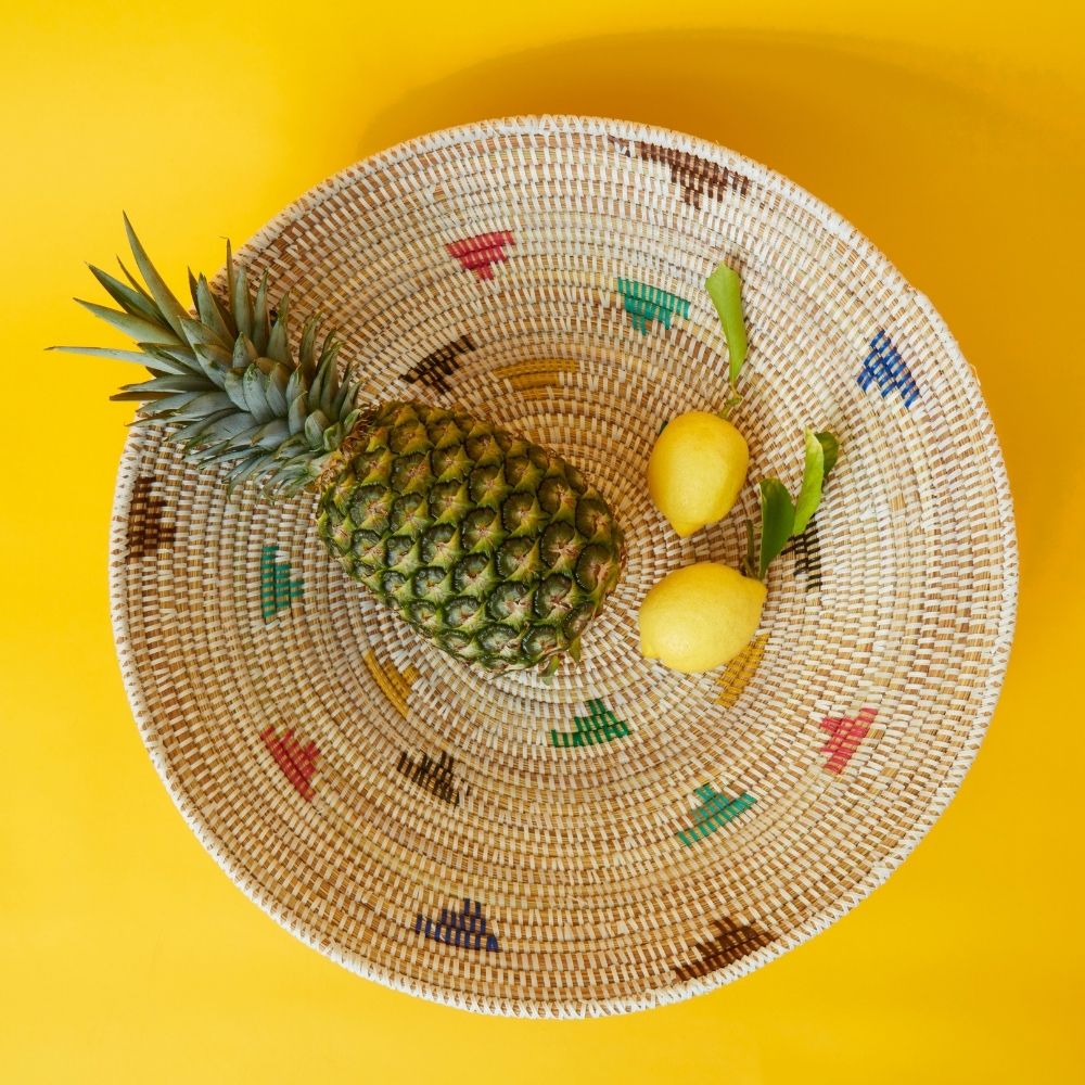 Decorative Wicker Fruit Bowl, African Woven, Extra Large, White Triangle Blocks