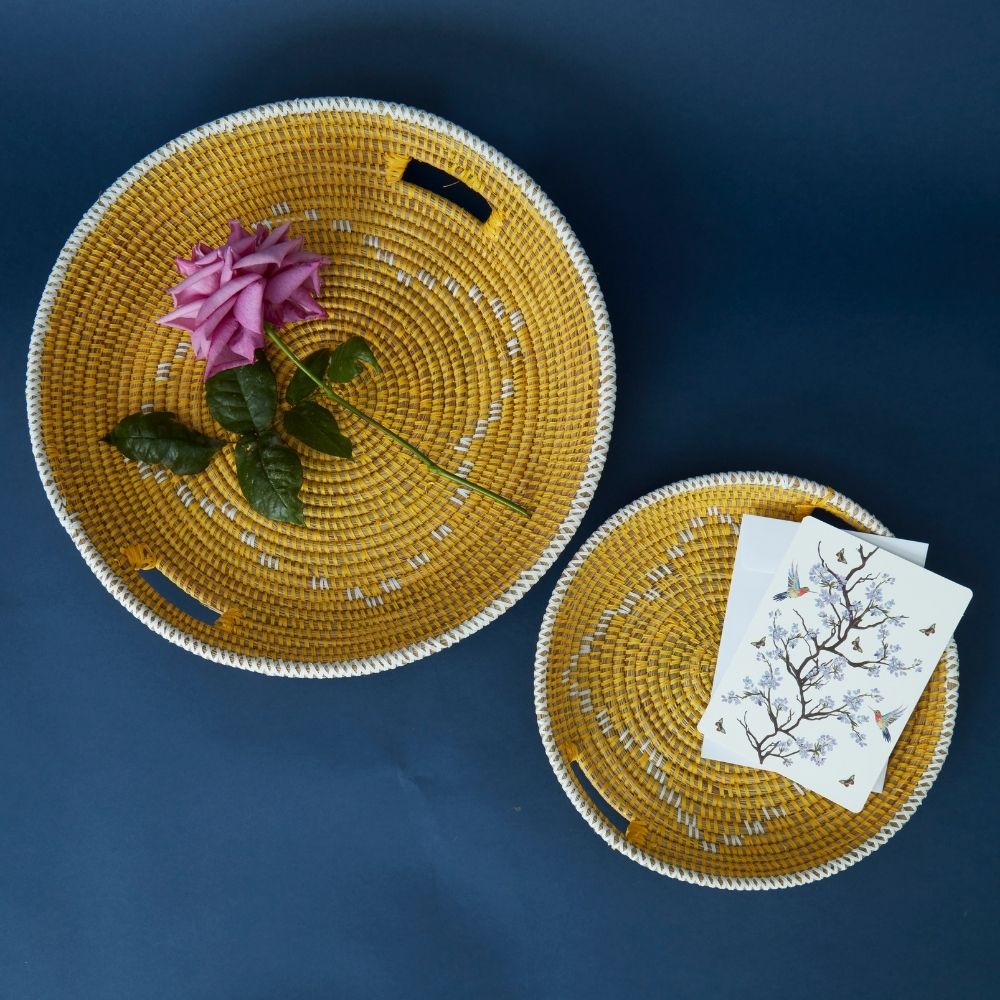 Decorative Wicker Trays, African Woven, Yellow, Round, Set of 2
